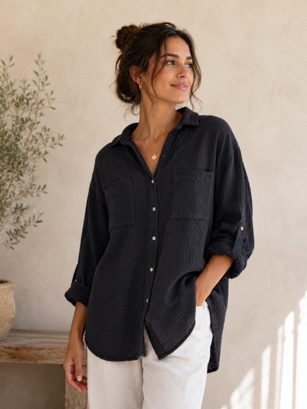 Saks Fifth Avenue Women's Black Cotton Button-Front Tunic Top, M